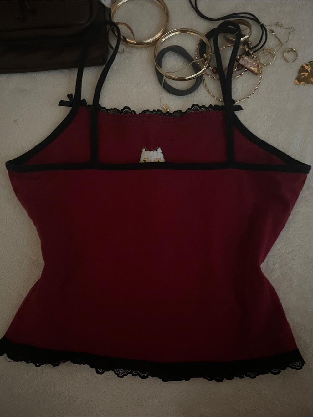 ROMWE Burgundy Crop Cami with Black Cat Embroidery - Picture 5 of 7